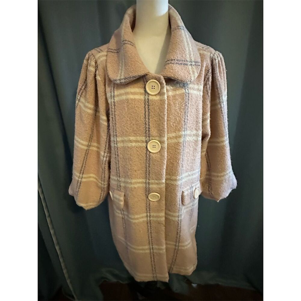 Azel Hazel Women's Vintage Pink Plaid Long Overcoat Size XL